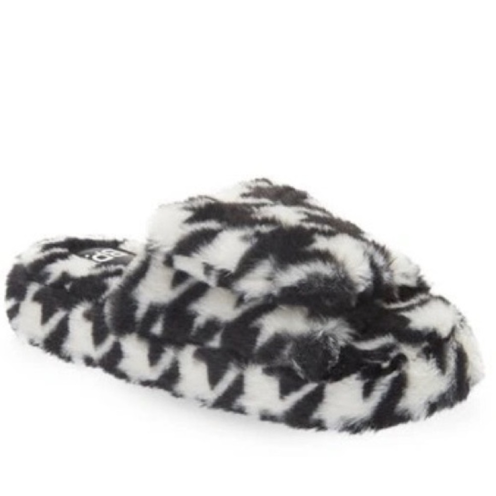 BP. Nordstrom Fawn Adjustable Black & White Houndstooth Faux Fur Slippers Size L